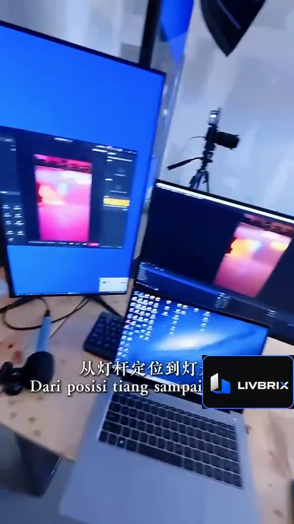 Livestream monitoring displays and a laptop at the studio workstation.