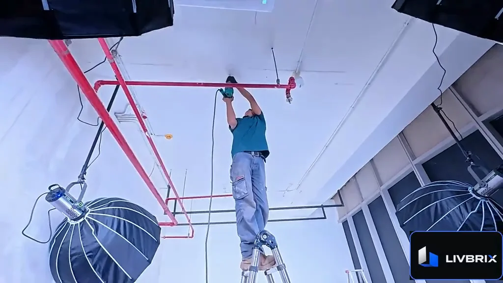 A technician working on the studio installation.